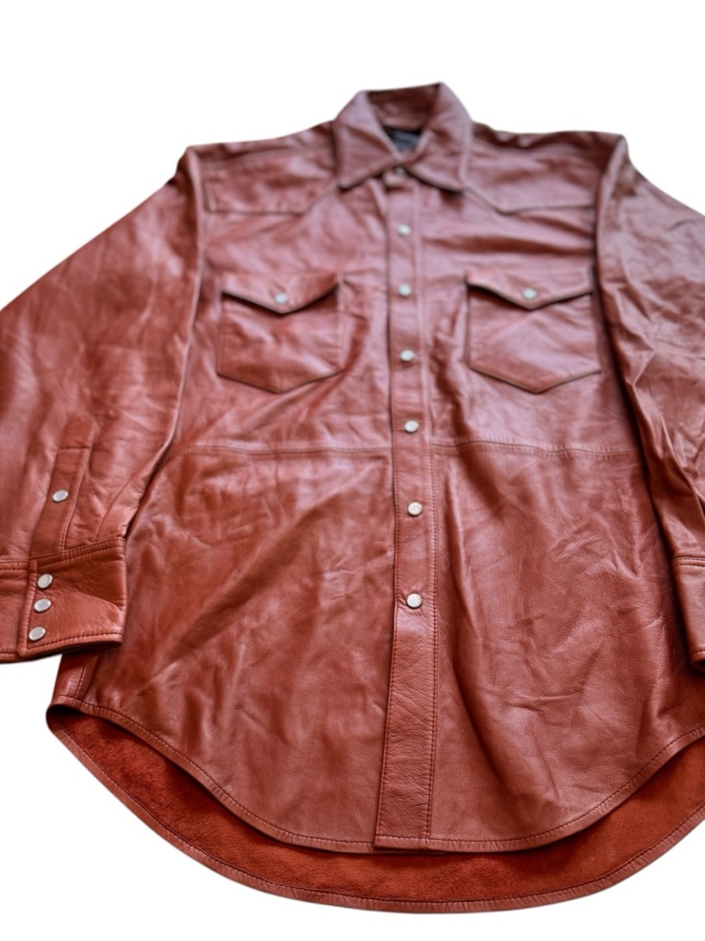 SPRWMN Brown Leather Snap Front Shirt Genuine Leather Small Quiet Luxury STAINED - Picture 6 of 16